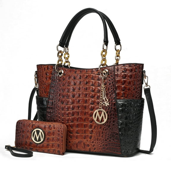 MKF Collection Merlina Women’s Tote Bag with Wallet,Crocodile Vegan Leather Handbag 2Pcs Set by Mia K - Cognac Black