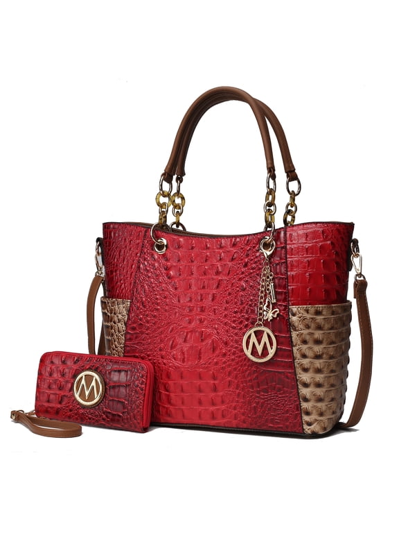 Merlina Women’s Tote Bag with Wallet,Crocodile Vegan Leather Handbag 2Pcs Set by Mia K - Red Stone