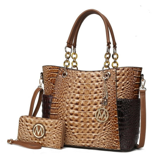 MKF Collection Merlina Women’s Tote Bag with Wallet,Crocodile Vegan Leather Handbag 2Pcs Set by Mia K - Taupe Chocolate