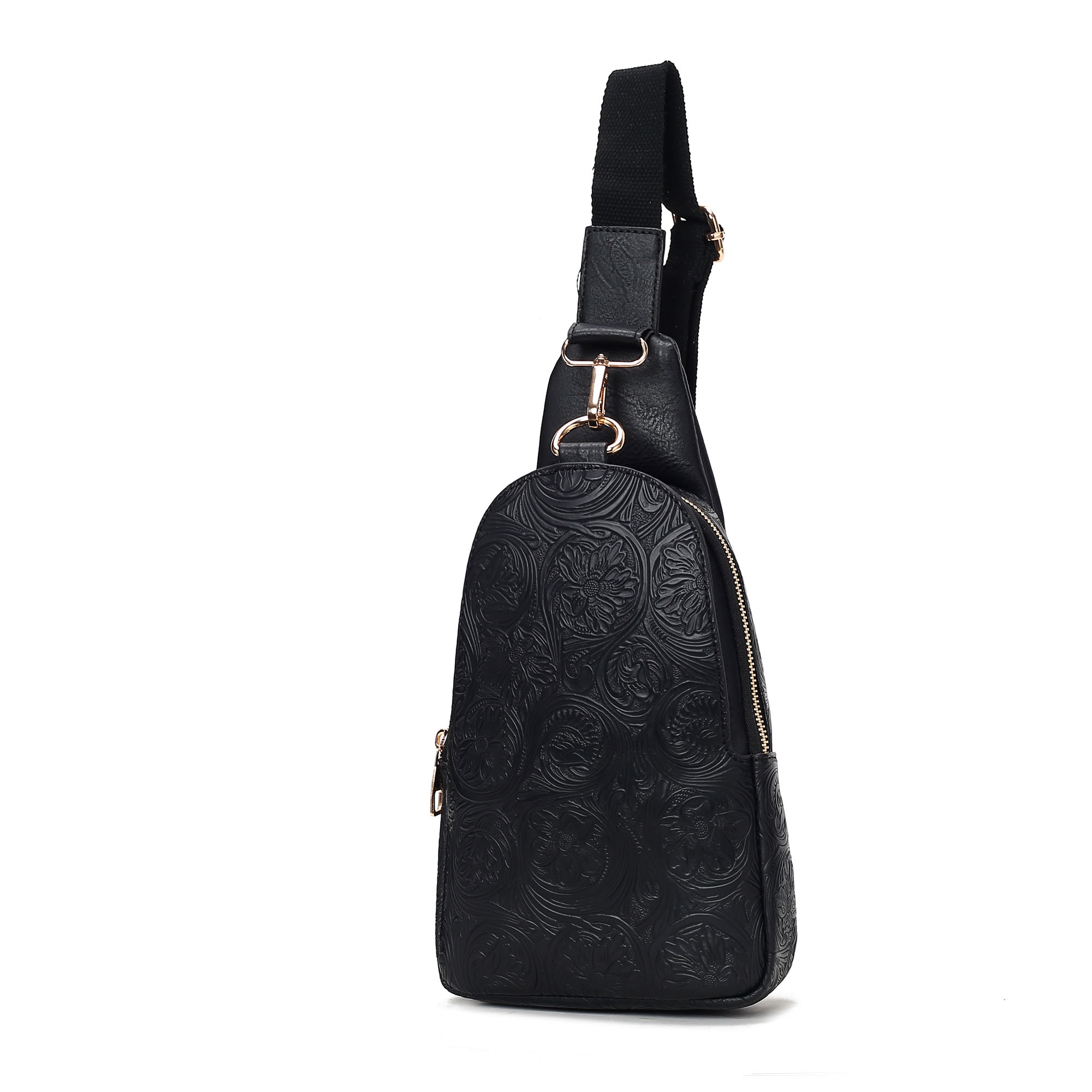 Black Women\'s Floral-Embossed Crossbody Backpack Handmade Black Leather Floral Embossed Backpack - Etsy main image 4