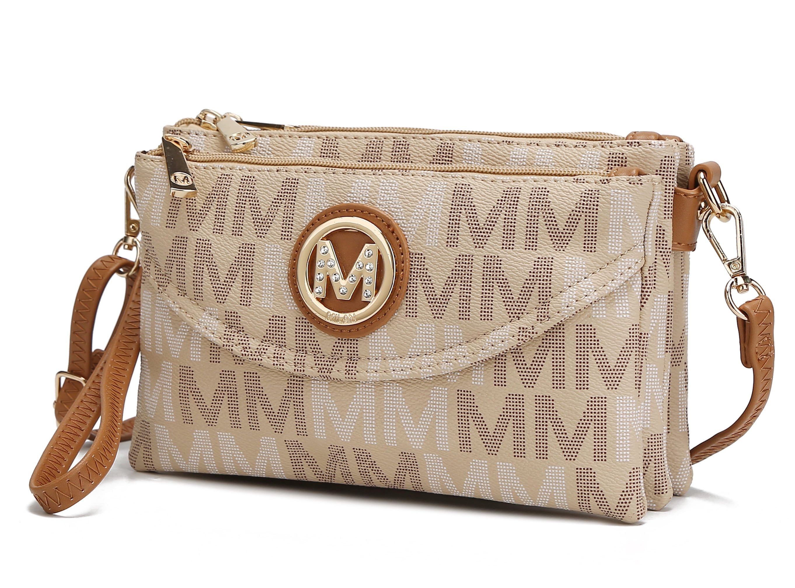 MKF Collection Multi-Compartments Ishani Women's Signature Crossbody Bag, Functional Wristlet Purse Handbag by Mia K - Beige