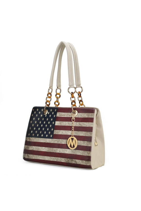 Nevaeh Womens Satchel Bag Vegan Leather Shoulder bag USA Flag Print Large handbags Beige Purse by Mia K