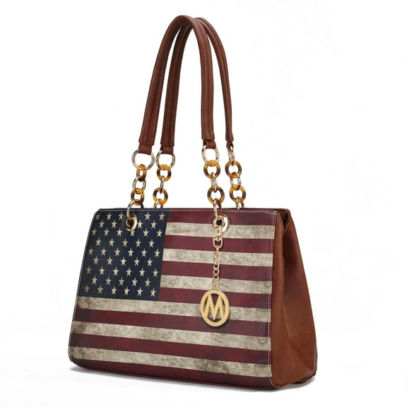 MKF Collection Nevaeh Womens Satchel Bag Vegan Leather Shoulder bag USA Flag Print Large handbags Brown Purse by Mia K