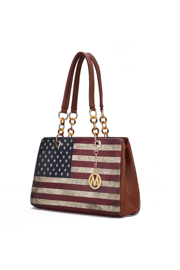 Nevaeh Womens Satchel Bag Vegan Leather Shoulder bag USA Flag Print Large handbags Brown Purse by Mia K