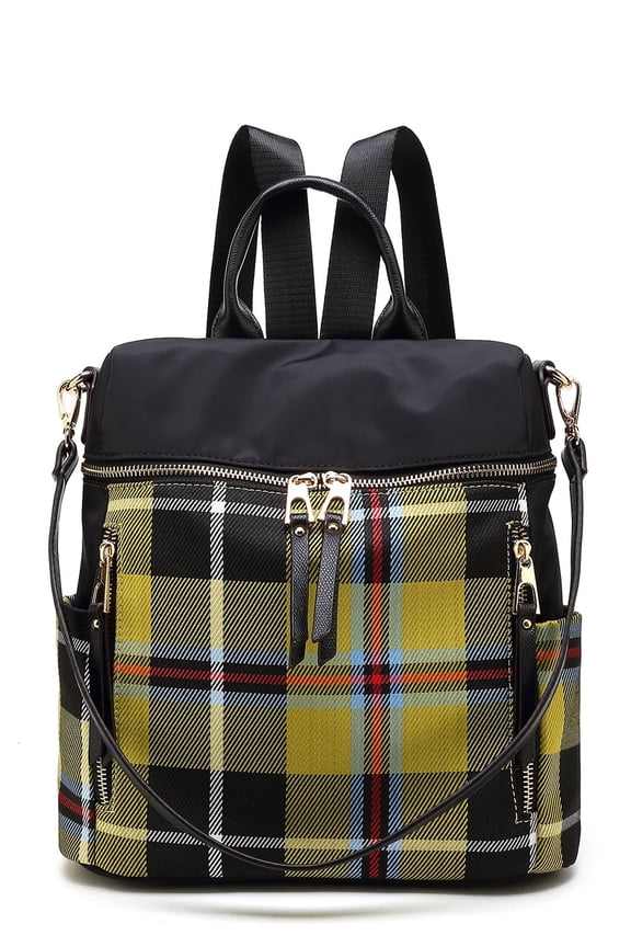 Nishi Plaid Women's Backpack, Functional Designer Bookbag Purse by Mia K - Mustard