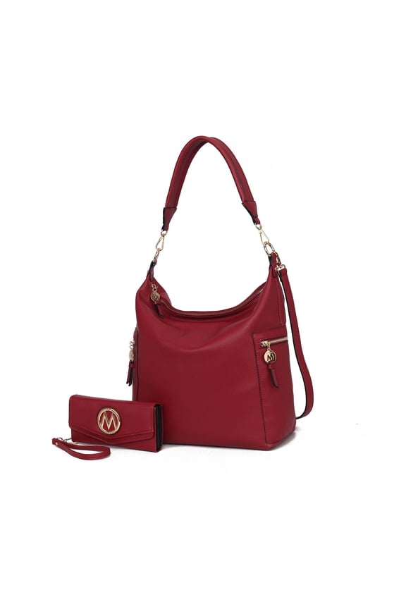 Ophelia Women Hobo Bag with Wallet Vegan Leather Shoulder Bag Handbag Purse Set by Mia K- Red