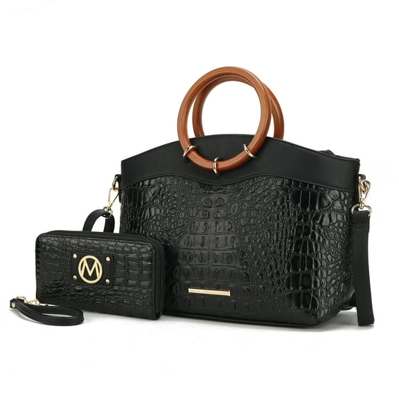MKF Collection Phoebe Faux Crocodile-Embossed Vegan Leather Women's Tote Bag & Wristlet Wallet Bag, Stylish Top Handle Purse Handbag 2 pcs by Mia K - Black