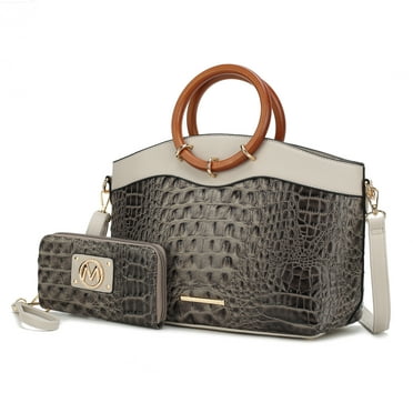 MKF Collection Phoebe Faux Crocodile-Embossed Vegan Leather Women's Tote Bag & Wristlet Wallet Bag, Stylish Top Handle Purse Handbag 2 pcs by Mia K - Charcoal Gray