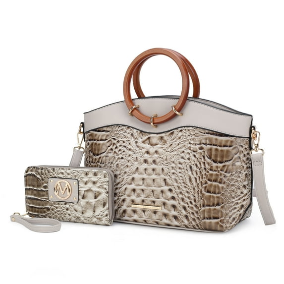 MKF Collection Phoebe Faux Crocodile-Embossed Vegan Leather Women's Tote Bag & Wristlet Wallet Bag, Stylish Top Handle Purse Handbag 2 pcs by Mia K - Light Gray