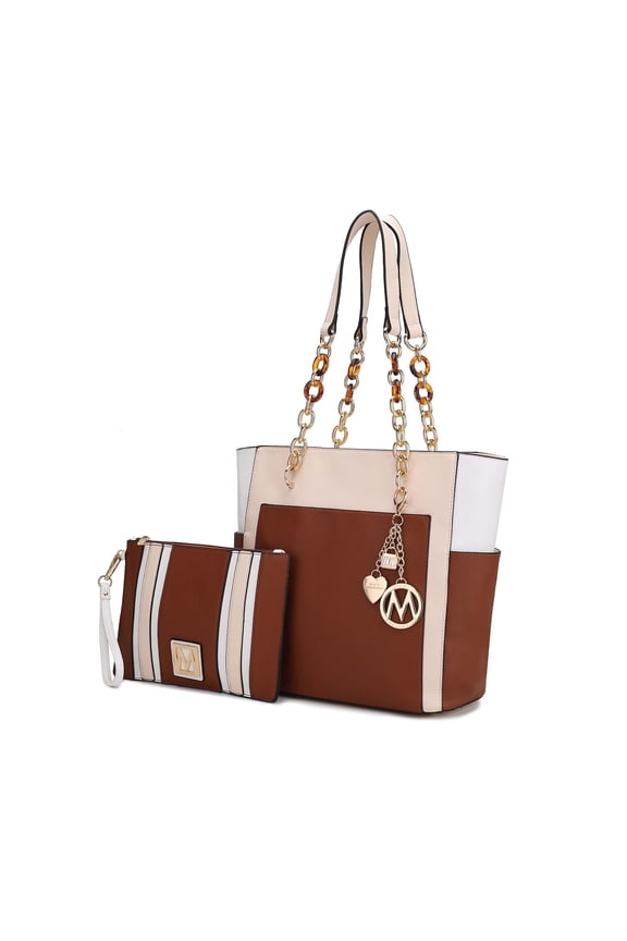 Rochelle Women's Tote Bag & Wristlet Bag Set, Vegan Leather Handbag by Mia K.- Beige Cognac