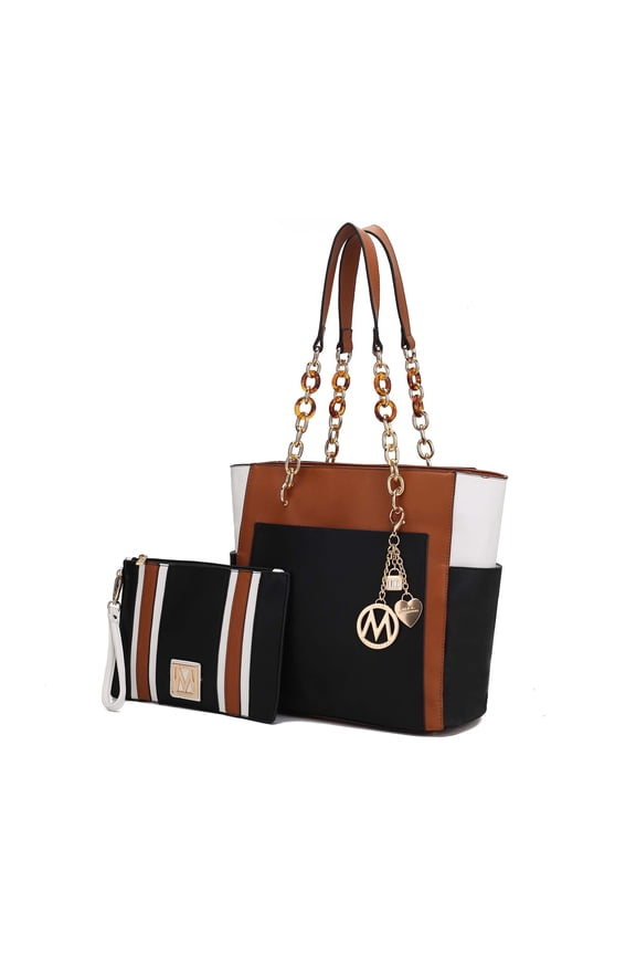 Rochelle Women's Tote Bag & Wristlet Bag Set, Vegan Leather Handbag by Mia K.- Cognac Black