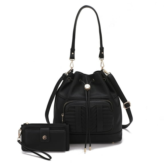 MKF Collection Ryder Vegan Leather Women's Shoulder Bag, Sleek Bucket Handbag & Wristlet Wallet by Mia K - Black