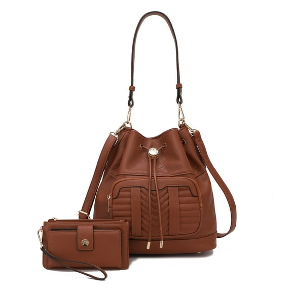 MKF Collection Ryder Vegan Leather Women's Shoulder Bag, Sleek Bucket Handbag & Wristlet Wallet by Mia K - Cognac