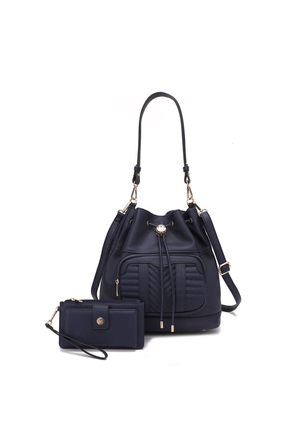 Ryder Vegan Leather Women's Shoulder Bag, Sleek Bucket Handbag & Wristlet Wallet by Mia K - Navy
