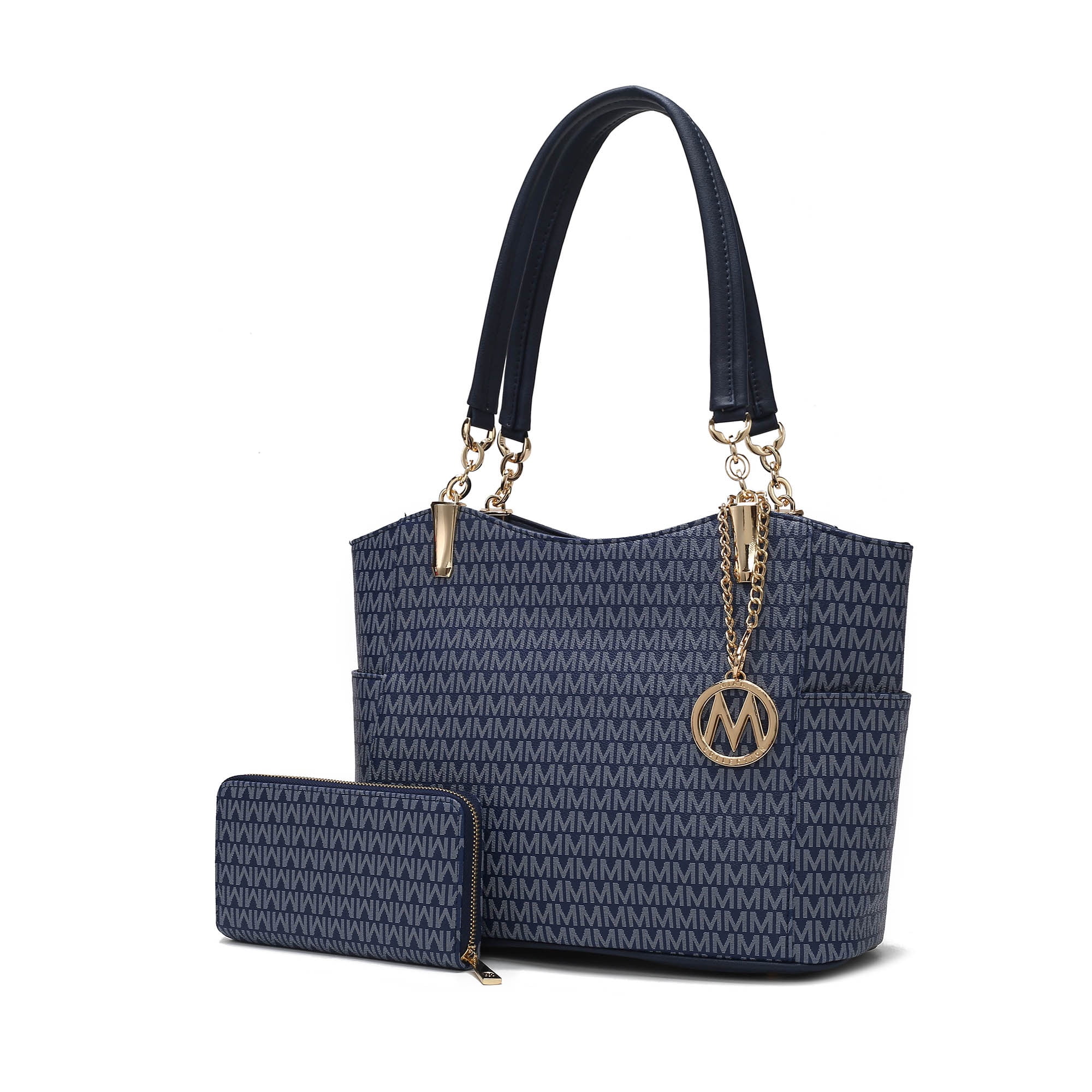 ★TOUT Y EST★ Vegan Flag Tote Shoulder Bag Navy WATO-03BL MKF Collection Savannah Women's Tote Bag With Wristlet