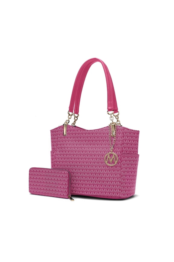 Savannah Women’s Tote Bag With Wristlet Wallet, Vegan Leather Shoulder Bag Purses and Handbag 2 Pcs By Mia K- Fuchsia