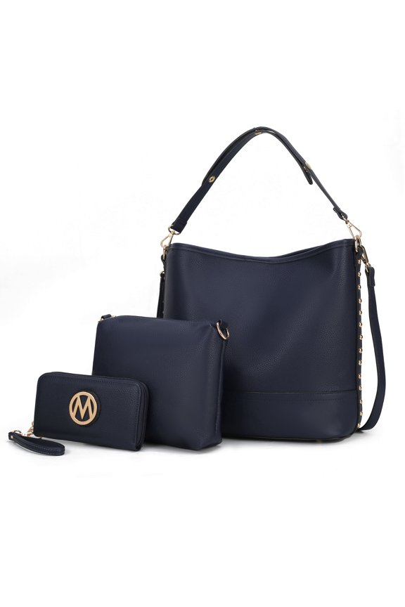 Ultimate Vegan Leather Women's Hobo Bag, Classy Shoulder Handbag, Pouch & Wristlet Wallet 3 pcs by Mia K - Navy