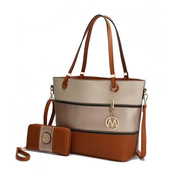 MKF Collection Vallie Color-Block Vegan Leather Women’s Tote Handbag with Matching Wallet – 2 pcs by Mia K. - Beige Rose Gold