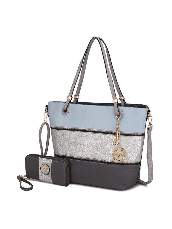 Vallie Tote Bag and Matching Wallet for Women - Vegan Leather Handbag Shoulder Purse for Travel Work and School by Mia K -Blue Pewter