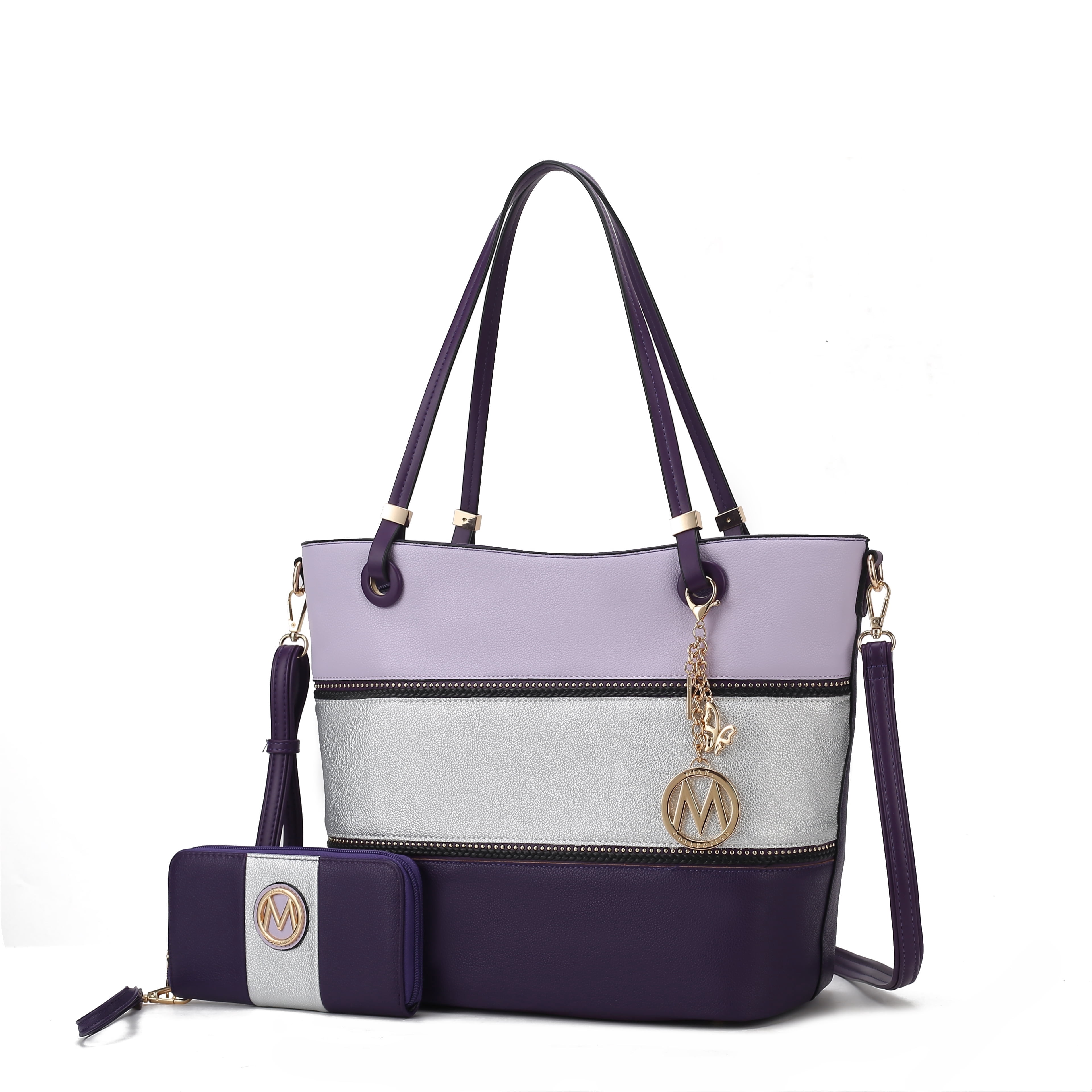 MKF Collection Vallie Tote Bag and Matching Wallet for Women - Vegan Leather Handbag Shoulder Purse for Travel Work and School by Mia K -Lilac Silver