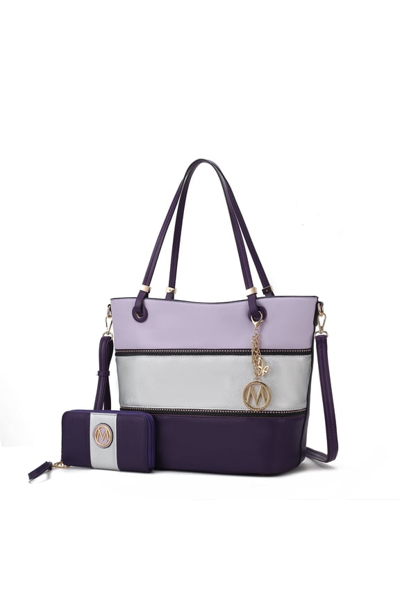 Vallie Tote Bag and Matching Wallet for Women - Vegan Leather Handbag Shoulder Purse for Travel Work and School by Mia K -Lilac Silver