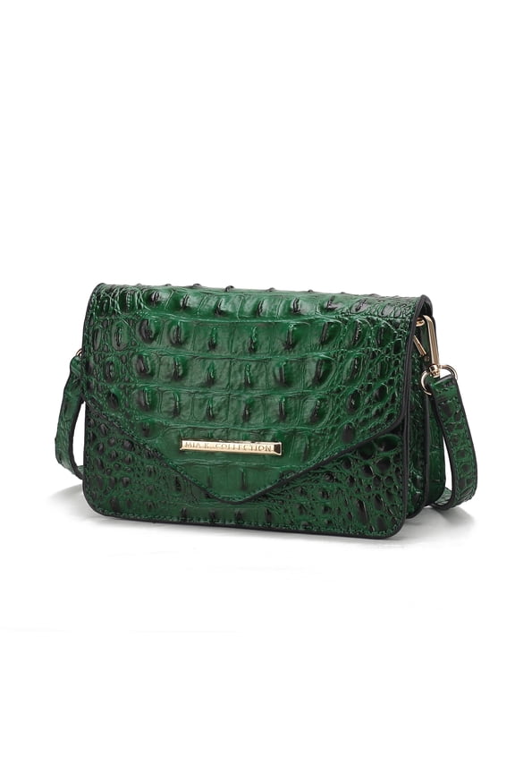 Vanta Saddle Bag Solid Croc-Embossed Vegan Leather Shoulder Bag Handbag by Mia K- Green