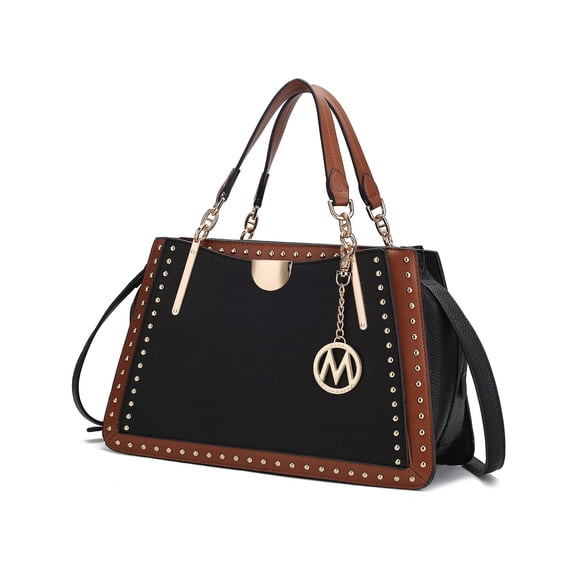 MKF Collection Vegan Leather Women's Satchel Bag, Multi-Compartment Top-Handle Purse Handbag by Mia K - Black Cognac