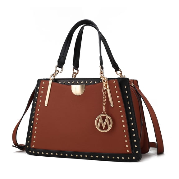 MKF Collection Vegan Leather Women's Satchel Bag, Multi-Compartment Top-Handle Purse Handbag by Mia K - Cognac Black