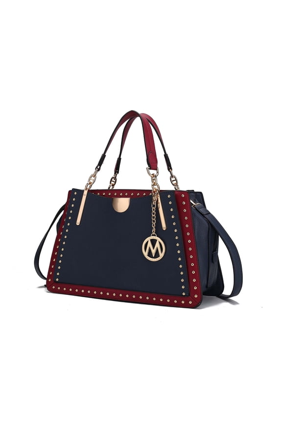 Vegan Leather Women's Satchel Bag, Multi-Compartment Top-Handle Purse Handbag by Mia K - Navy Red