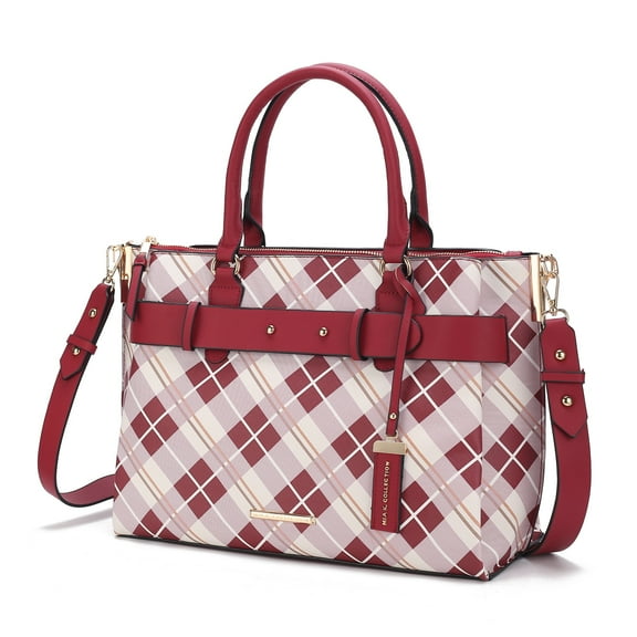 MKF Collection Vivian Plaid Vegan Leather Women's Satchel Bag, Elegant Top-handle Purse Handbag by Mia K - Burgundy Red