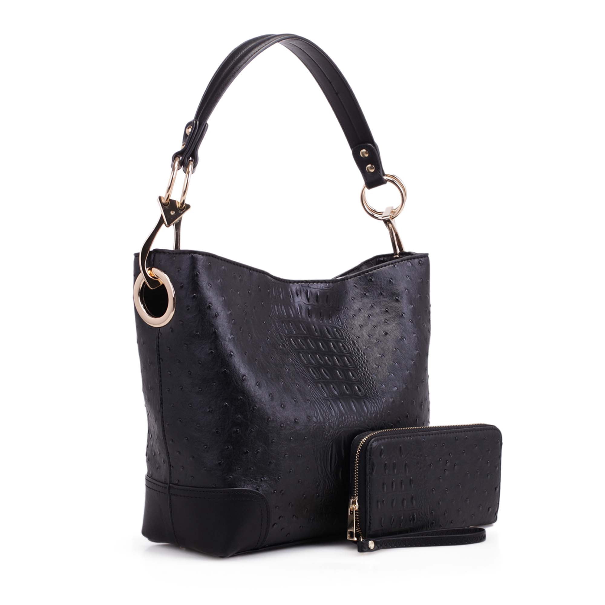 MKF Collection Wandy Women's Hobo Bag Set with Wristlet Wallet, Vegan Leather Croco Shoulder Bag 2Pcs by Mia K - Black