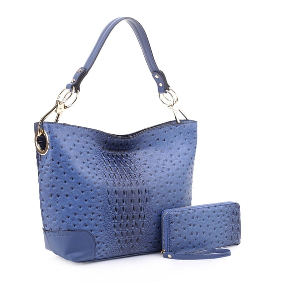 MKF Collection Wandy Women's Hobo Bag Set with Wristlet Wallet, Vegan Leather Croco Shoulder Bag 2Pcs by Mia K - Blue
