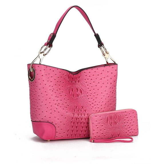 MKF Collection Wandy Women's Hobo Bag Set with Wristlet Wallet, Vegan Leather Croco Shoulder Bag 2Pcs by Mia K - Fuchsia