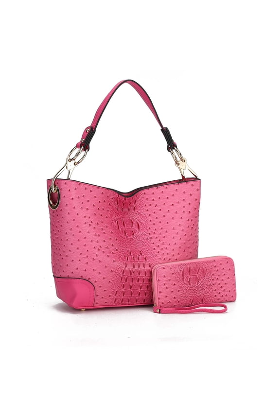 Wandy Women's Hobo Bag Set with Wristlet Wallet, Vegan Leather Croco Shoulder Bag 2Pcs by Mia K - Fuchsia