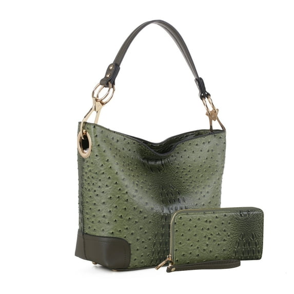 MKF Collection Wandy Women's Hobo Bag Set with Wristlet Wallet, Vegan Leather Croco Shoulder Bag 2Pcs by Mia K - Green