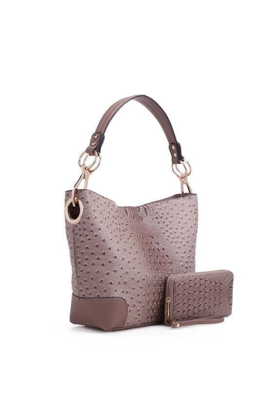 Wandy Women's Hobo Bag Set with Wristlet Wallet, Vegan Leather Croco Shoulder Bag 2Pcs by Mia K -Stone