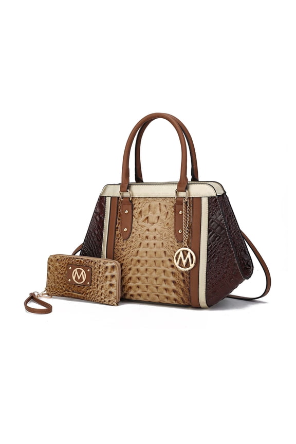 Women's Daisy Crocodile-Embossed Satchel Handbag & Wallet 2-Piece Set by Mia K. - Taupe Chocolate