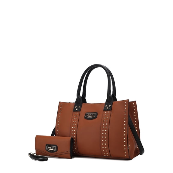 MKF Collection Women's Davina Faux Leather Tote Bag and Wallet Set, 2-Piece, Cognac