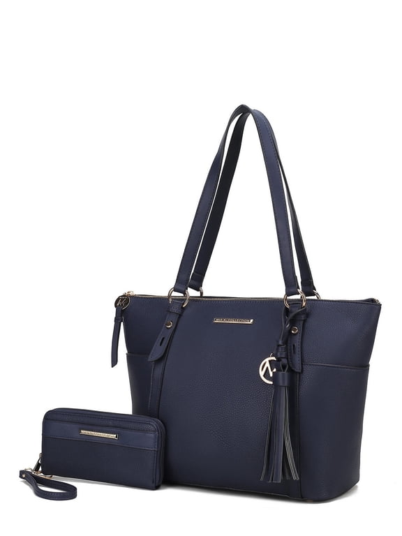 Women's Gloria Faux Leather Tote Bag and Wallet, 2-Piece Fashion Set by Mia K - Navy
