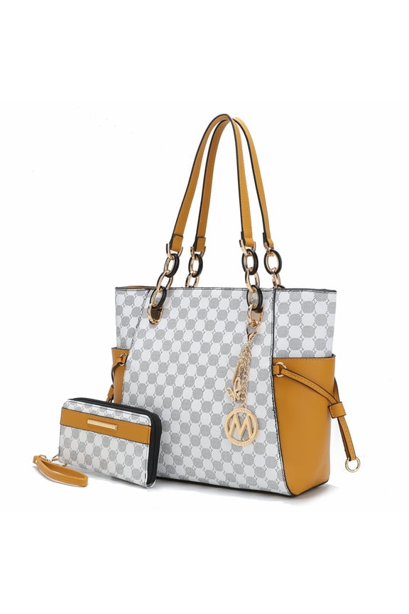 Xenia Circular Print Tote Women's Handbag with Wristlet Wallet Purse by Mia K - Mustard