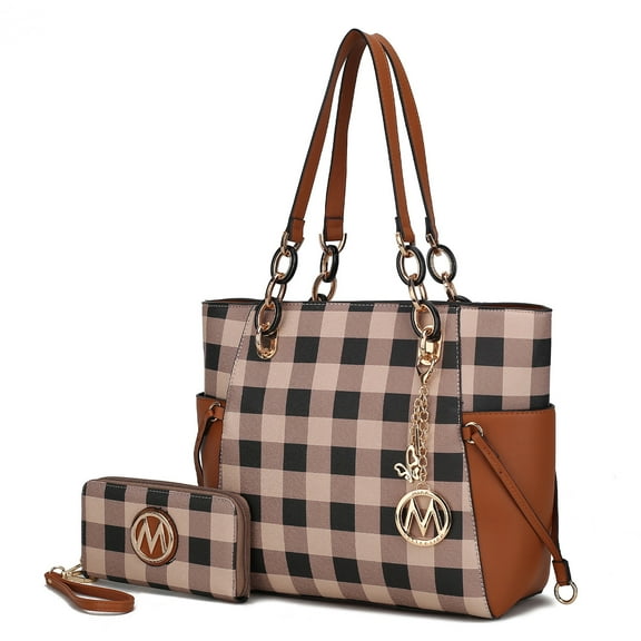 MKF Collection Yale Women Tote Bag with Wallet Checkered Handbag Purse by Mia K - Cognac Brown