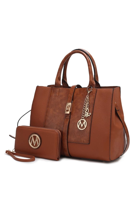 Yola Women's Satchel Bag With Wallet, Solid Vegan Leather Handbag Purse Set by Mia K - Cognac