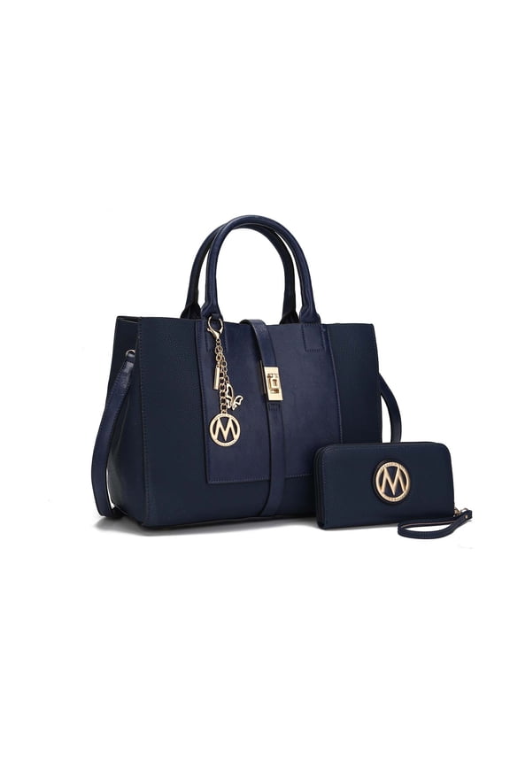 Yola Women's Satchel Bag With Wallet, Solid Vegan Leather Handbag Purse Set by Mia K -Navy