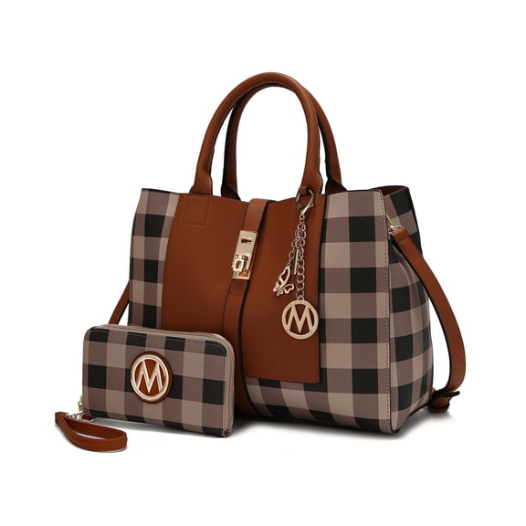 MKF Collection Yuliana Women's Satchel Bag with Wallet, Checkered Vegan Leather Handbag Purse Set by Mia K. - Cognac Brown
