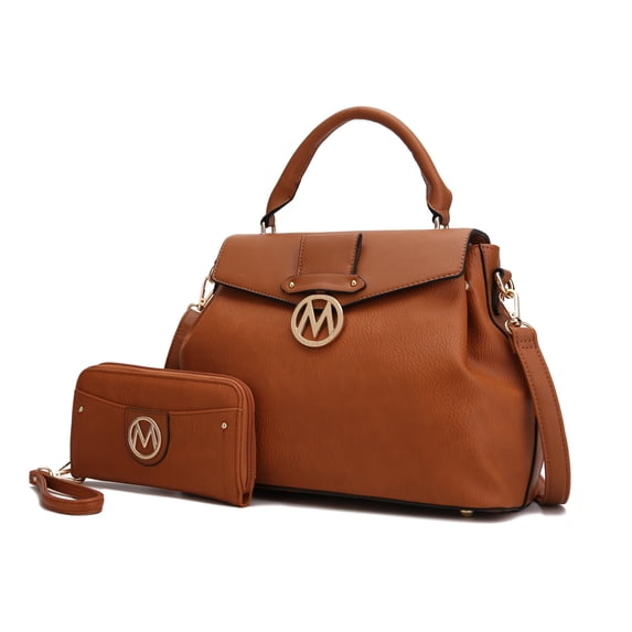 MKF Collection Aurora Satchel Handbag & Wallet Set – Stylish Vegan Leather Purse with Top Handles, Detachable Strap, and Matching Wallet by Mia K -Cognac