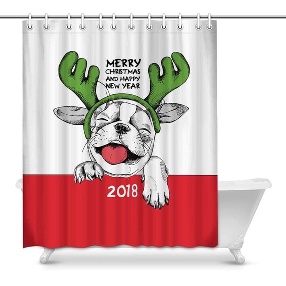 MKHERT 2018 Cute French Bulldog in Mask Santa's Reindeer Merry Christmas Home Decor Waterproof Polyester Bathroom Shower Curtain Bath Decorations 60x72 inch