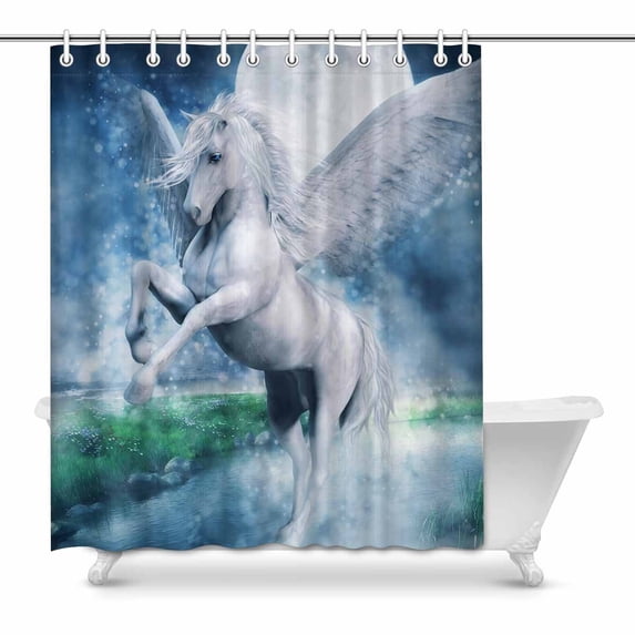 MKHERT 3D Fantasy White Pegasus Flying Over Lake at Night Decor Waterproof Polyester Bathroom Shower Curtain Bath 60x72 inch