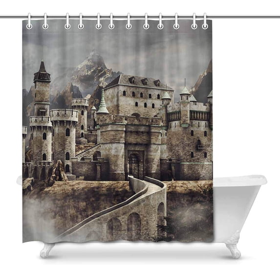 MKHERT 3D Funny Fantasy Stone Caste with Bridge in The Mountains Waterproof Shower Curtain Decor Fabric Bathroom Set 66x72 inch