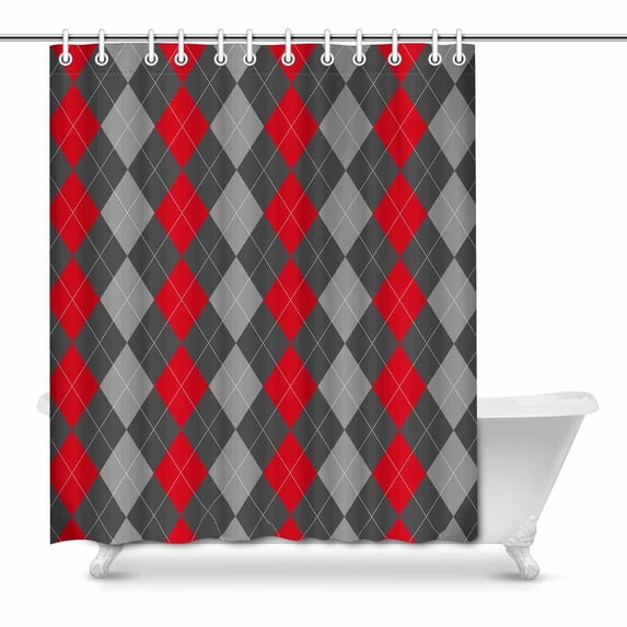 MKHERT Abstract Argyle Decor Classic Checked Gray Red Waterproof Shower Curtain Decor Fabric Bathroom Set 66x72 inch