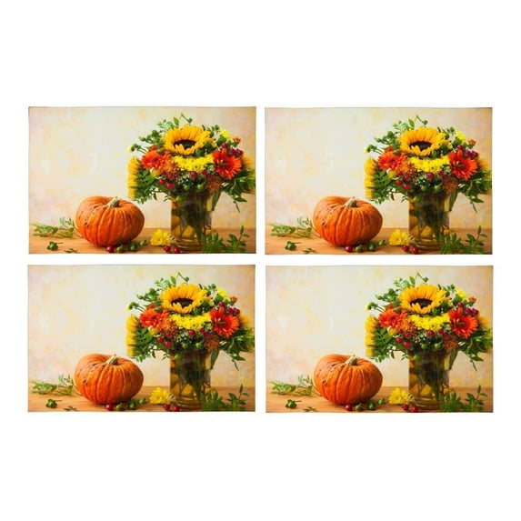 MKHERT Abstract Autumn Still Life with Flowers and Pumpkin Placemats Table Mats for Dining Room Kitchen Table Decoration 12x18 inch,Set of 4
